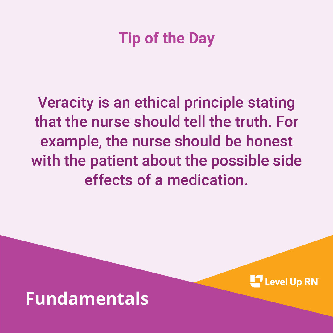 Veracity is an ethical principle stating that the nurse should tell the truth. For example, the nurse should be honest with the patient about the possible side effects of a medication.