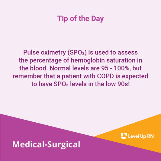 Pulse oximetry (SPO2) is used to assess the percentage of hemoglobin saturation in the blood. Normal levels are 95 - 100%, but remember that a patient with COPD is expected to have SPO2 levels in the low 90s!