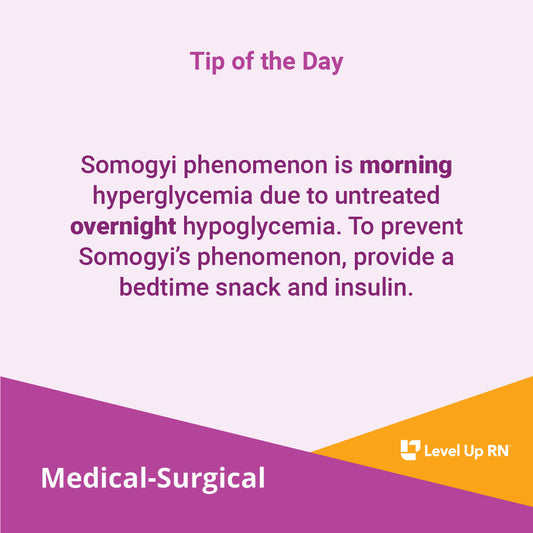 Somogyi phenomenon is morning hyperglycemia due to untreated overnight hypoglycemia.To prevent Somogyi's phenomenon, provide a bedtime snack and insulin.