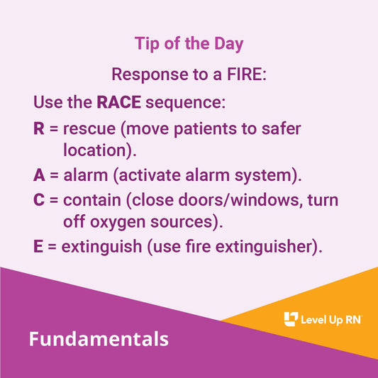Response to a FIRE: Use the RACE sequence.  R = rescue (move patients to safer location).  A = alarm (activate alarm system).  C = contain (close doors/windows, turn off oxygen sources).  E = extinguish (use fire extinguisher).
