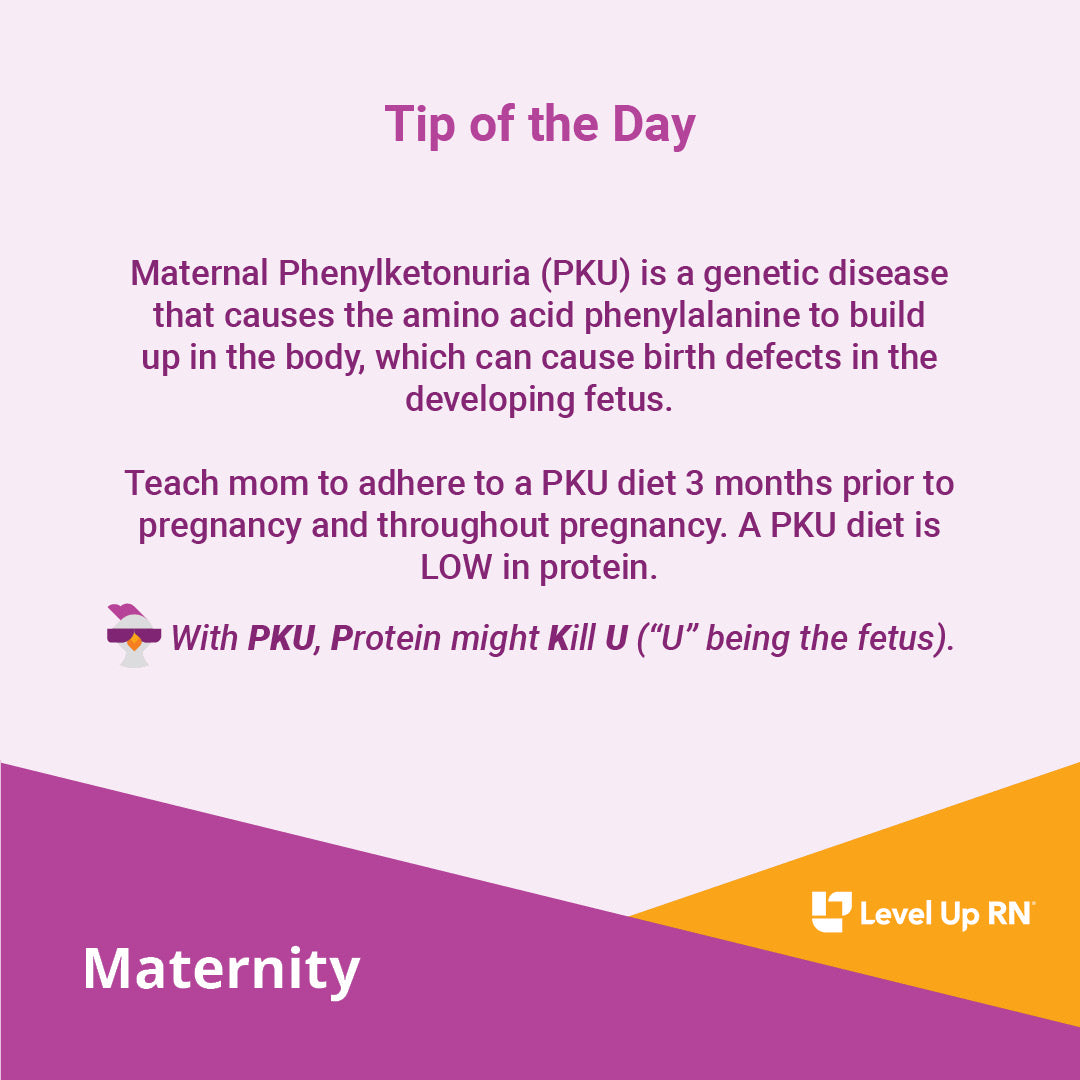 Maternal Phenylketonuria (PKU) is a genetic disease that causes the amino acid phenylalanine to build up in the body, which can cause birth defects in the developing fetus.