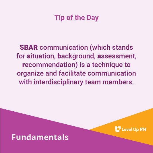 SBAR communication (which stands for situation, background, assessment, recommendation) is a technique to organize and facilitate communication with interdisciplinary team members.