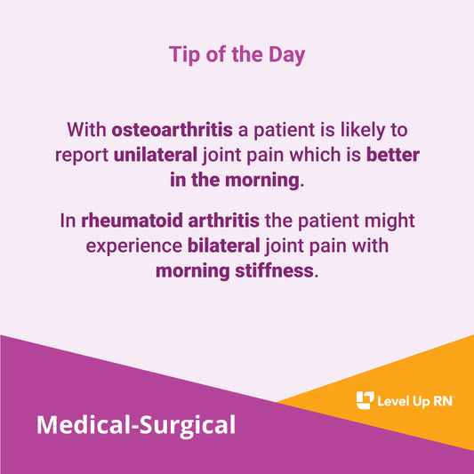 With osteoarthritis a patient is likely to report unilateral joint pain which is better in the morning. In rheumatoid arthritis the patient might experience bilateral joint pain with morning stiffness.