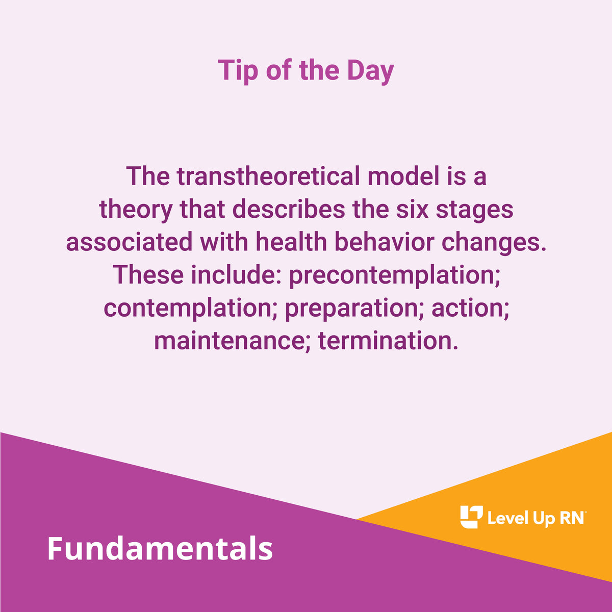 The transtheoretical model is a theory that describes the six stages associated with health behavior changes. These include: precontemplation; contemplation; preparation; action; maintenance; termination.