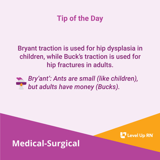 Bryant traction is used for hip dysplasia in children, while Buck's traction is used for hip fractures in adults.