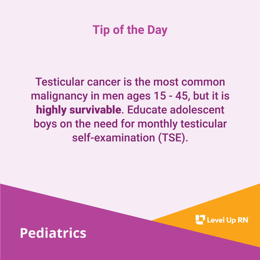 Testicular cancer is the most common malignancy in men ages 15 - 45, but it is highly survivable. Educate adolescent boys on the need for monthly testicular self-examination (TSE).