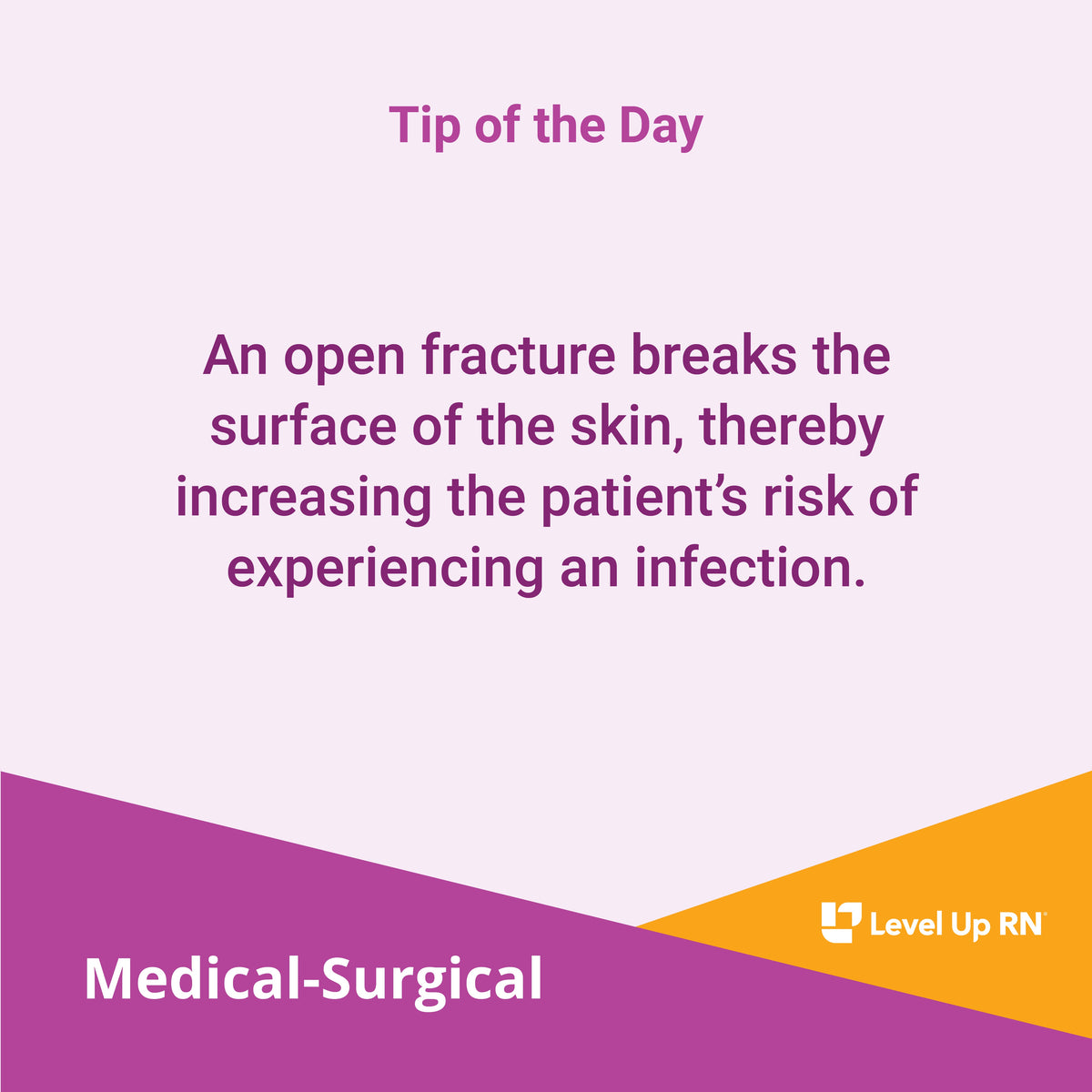 An open fracture breaks the surface of the skin, thereby increasing the patient's risk of experiencing an infection.