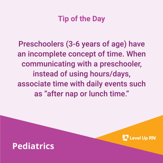 Preschoolers (3-6 years of age) have an incomplete concept of time. When communicating with a preschooler, Instead of using hours/days, associate time with daily events such as "after nap or lunch time."