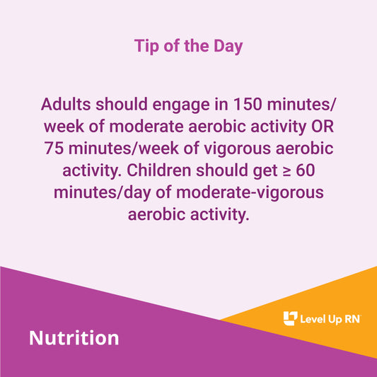 Adults should engage in 150 minutes/week of moderate aerobic activity OR 75 minutes/week of vigorous aerobic activity. Children should get ≥ 60 minutes/day of moderate-vigorous aerobic activity.