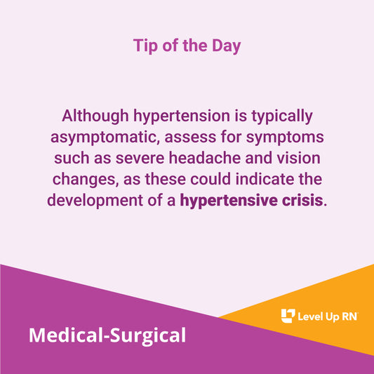 Although hypertension is typically asymptomatic, assess for symptoms such as severe headache and vision changes, as these could indicate the development of a hypertensive crisis.
