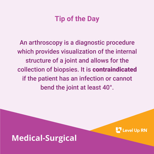 An arthroscopy is a diagnostic procedure which provides visualization of the internal structure of a joint and allows for the collection of biopsies.