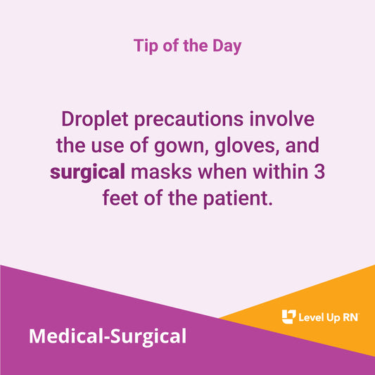 Droplet precautions involve the use of gown, gloves, and surgical masks when within 3 feet of the patient. 
