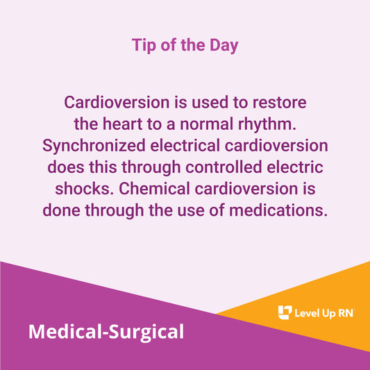 Cardioversion is used to restore the heart to a normal rhythm. Synchronized electrical cardioversion does this through controlled electric shocks. Chemical cardioversion is done through the use of medications.