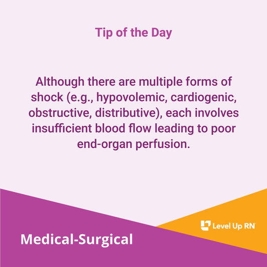 Although there are multiple forms of shock (e.g., hypovolemic, cardiogenic, obstructive, distributive), each involves insufficient blood flow leading to poor end-organ perfusion.