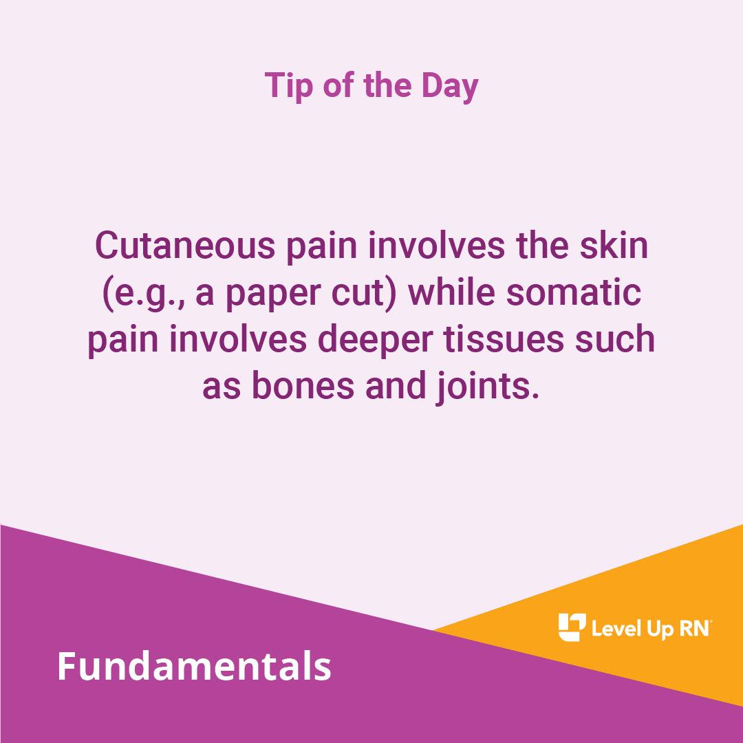 Cutaneous pain involves the skin (e.g., a paper cut) while somatic pain involves deeper tissues such as bones and joints.