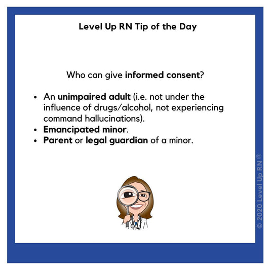 Who can give informed consent? An unimpaired adult (i.e. not under the influence of drugs/alcohol, not experiencing command hallucinations). Emancipated minor. Parent or legal guardian of a minor.