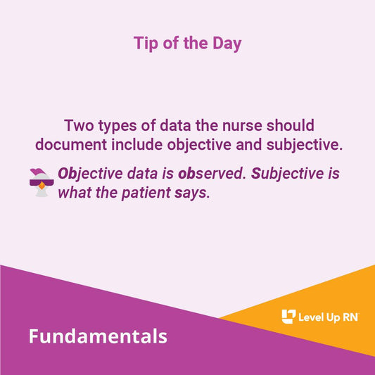 Two types of data the nurse should document include objective and subjective.