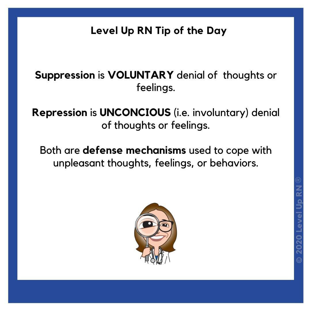 Suppression is VOLUNTARY denial of  thoughts or feelings. Repression is UNCONCIOUS (i.e. involuntary) denial of thoughts or feelings. Both are defense mechanisms used to cope with unpleasant thoughts, feelings, or behaviors.