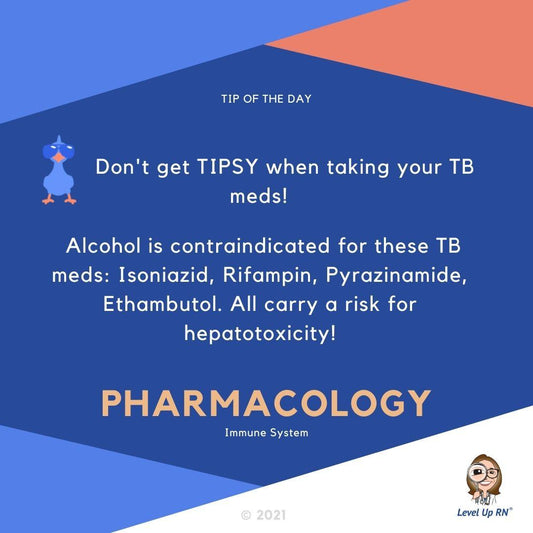 Don't get TIPSY when taking your TB meds! Alcohol is contraindicated for these TB meds: Isoniazid, Rifampin, Pyrazinamide, Ethambutol. All carry a risk for hepatotoxicity!