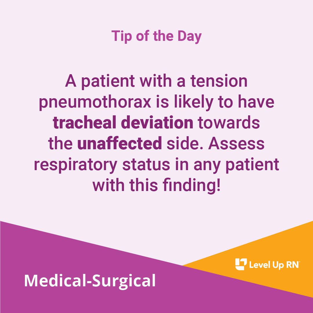 A patient with a tension pneumothorax is likely to have tracheal deviation towards the unaffected side. Assess respiratory status in any patient with this finding!