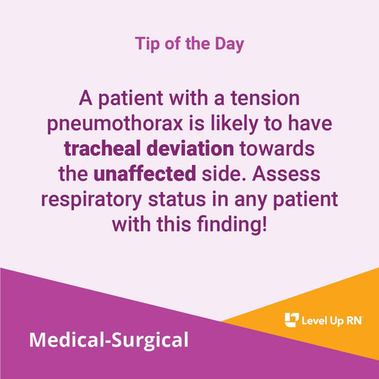A patient with a tension pneumothorax is likely to have tracheal deviation towards the unaffected side. Assess respiratory status in any patient with this finding!