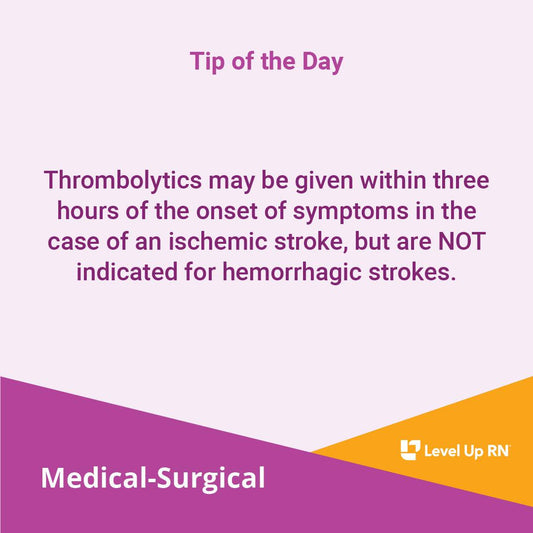Thrombolytics may be given within three hours of the onset of symptoms in the case of an ischemic stroke, but are NOT indicated for hemorrhagic strokes.
