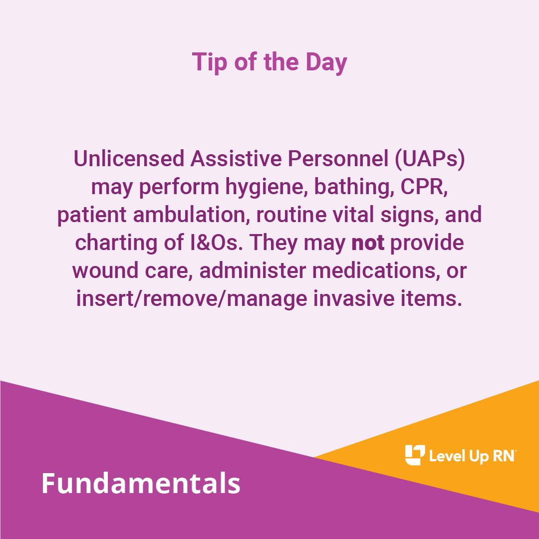 Unlicensed Assistive Personnel (UAPs) may perform hygiene, bathing, CPR, patient ambulation, routine vital signs, and charting of I&Os.