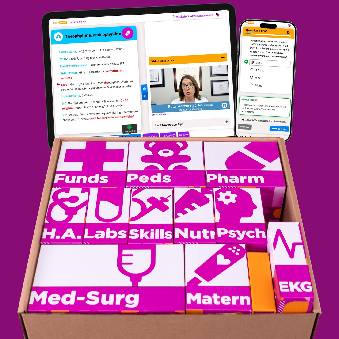 Educational resources including a tablet, smartphone, and multiple boxes with medical and educational content on a purple background.