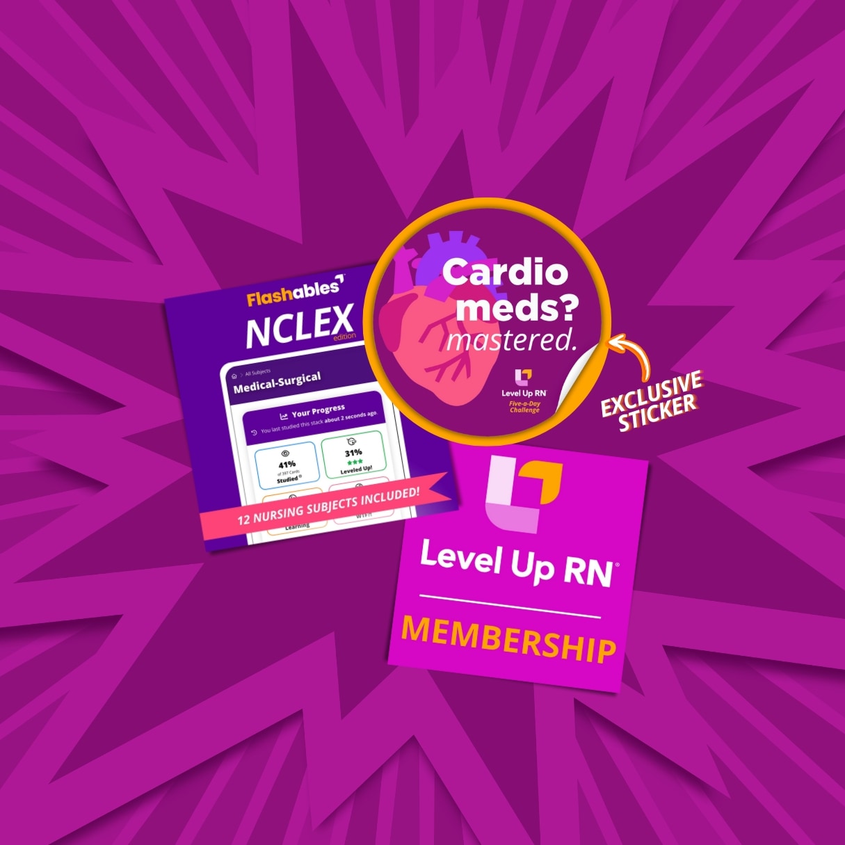 1 month Level Up RN Membership ($10 value) 1 month Flashables - Digital Nursing Flashcards - NCLEX Edition ($50 value) Challenge-Exclusive Level Up RN Sticker (priceless)