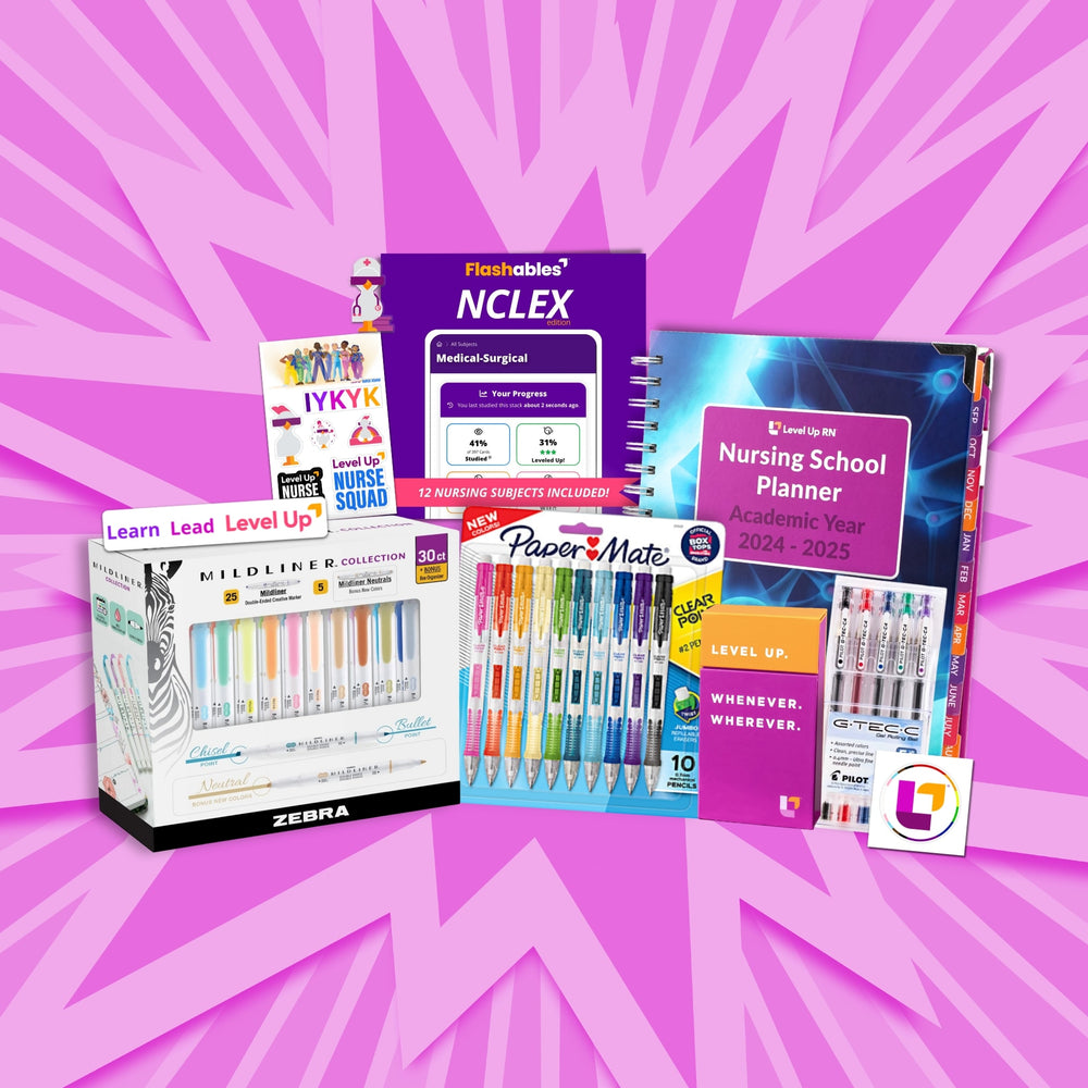 Pilot G-Tec-C Gel Rolling Ball Pens, 0.4mm, 5-pack assorted Paper Mate Clearpoint Mechanical Pencils, 0.7mm, 10-pack Zebra Mildliner Dual-Tip Creative Highlighters, 30-pack assorted Flashables - Digital Nursing Flashcards - NCLEX Edition (1 year subscription) Level Up RN Nursing School Study Planner Level Up RN Super Sticker Pack Level Up RN On-The-Go Flashcards Travel Box