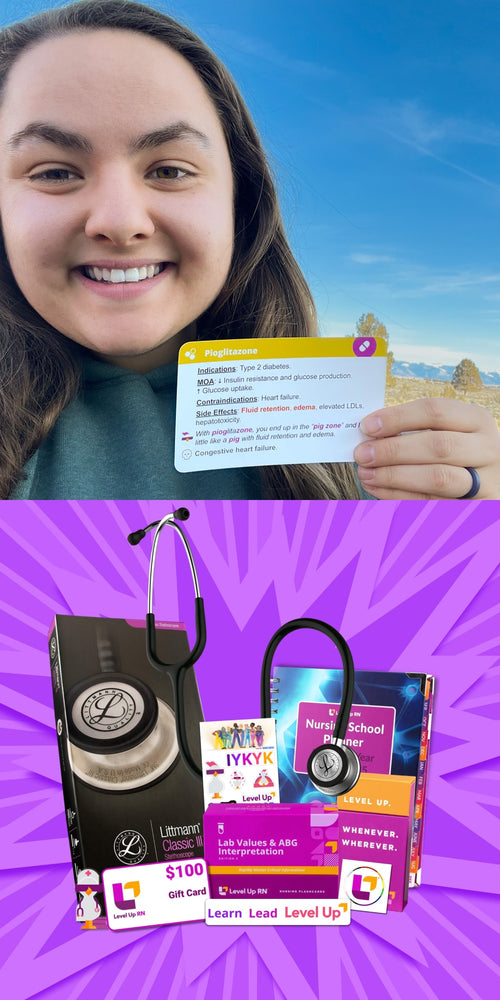 Rachael M shown with the pioglitazone flashcard and her prizes: 3M Littmann Classic III Monitoring Stethoscope Level Up RN $100 Gift Card Level Up RN Lab Values & ABG Interpretation Nursing Falshcards Level Up RN Nursing School Study Planner Level Up RN Super Sticker Pack Level Up RN On-The-Go Flashcards Travel Box