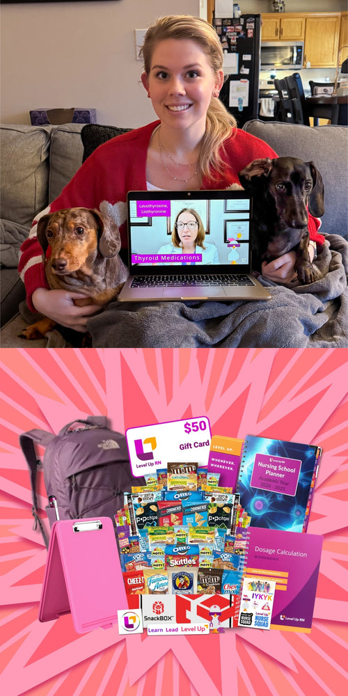 day 4 winner trinity with two dogs and her prizes - Original SnackBOX Care Package (50 Snacks)
North Face Jester Luxe Backpack
Pen Light
Clipboard
Level Up RN $50 Gift Card
Level Up RN Dosage Calculation - Workbook & Digital Companion
Level Up RN Nursing School Study Planner
Level Up RN Super Sticker Pack
Level Up RN On-The-Go Flashcards Travel Box