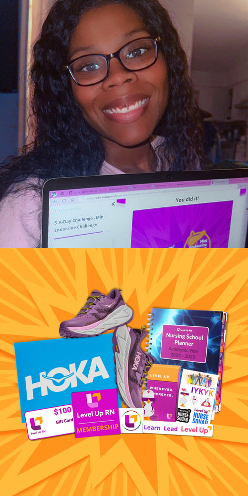 Kayla C with her prizes: Hoka Skyline-Float X Hiking Shoes
Level Up RN $100 Gift Card
Level Up RN Membership - 1 year subscription
Level Up RN Nursing School Study Planner
Level Up RN Super Sticker Pack
Level Up RN On-The-Go Flashcards Travel Box