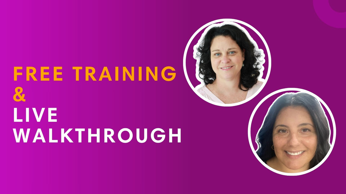 Promotional graphic with a bright purple-to-magenta gradient background, yellow and white text reading 'FREE TRAINING & LIVE WALKTHROUGH,' and two circular headshots of smiling women on the right side.