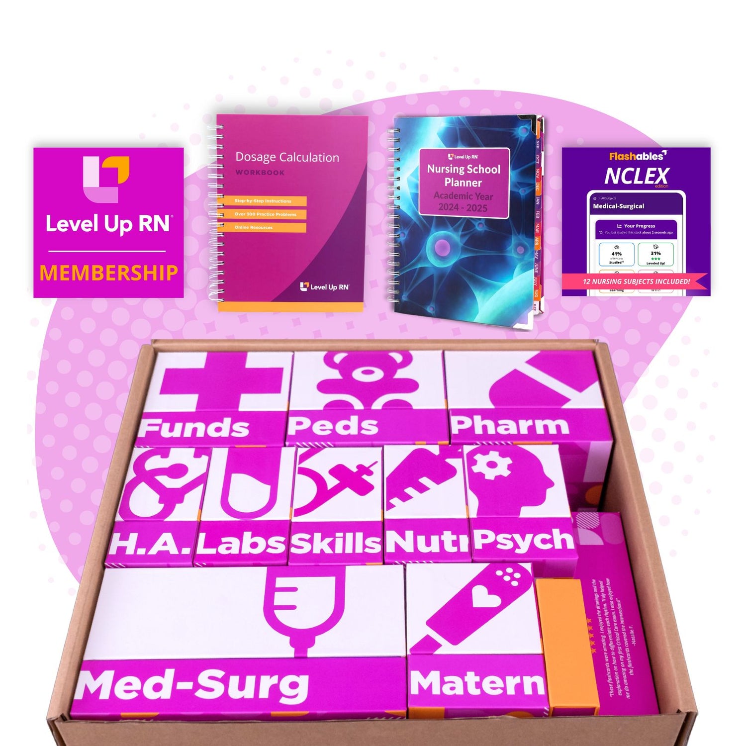 The Ultimate Nursing School Survival Kit - Flashcards and Level Up RN Membership and Dosage Calculation - Workbook & Digital Companion and Nursing School Study Planner and Flashables - Digital Nursing Flashcards - NCLEX Edition