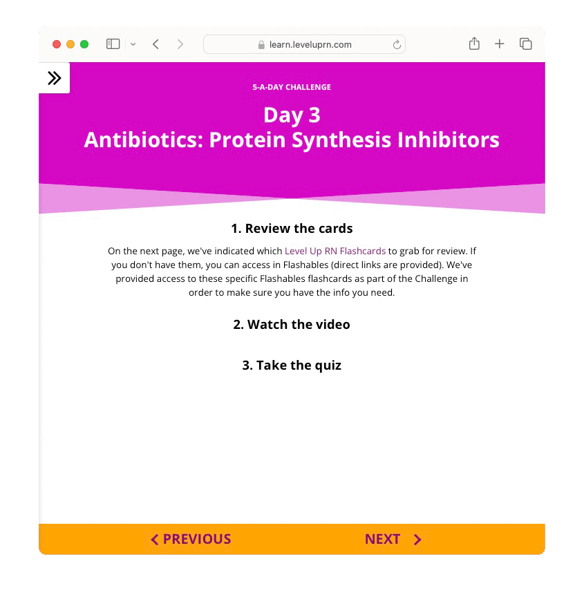 Challenge course player showing welcome page, flashcards overview, a flashcard front, a flashcard back, Macrolides video, quiz question, and quiz results