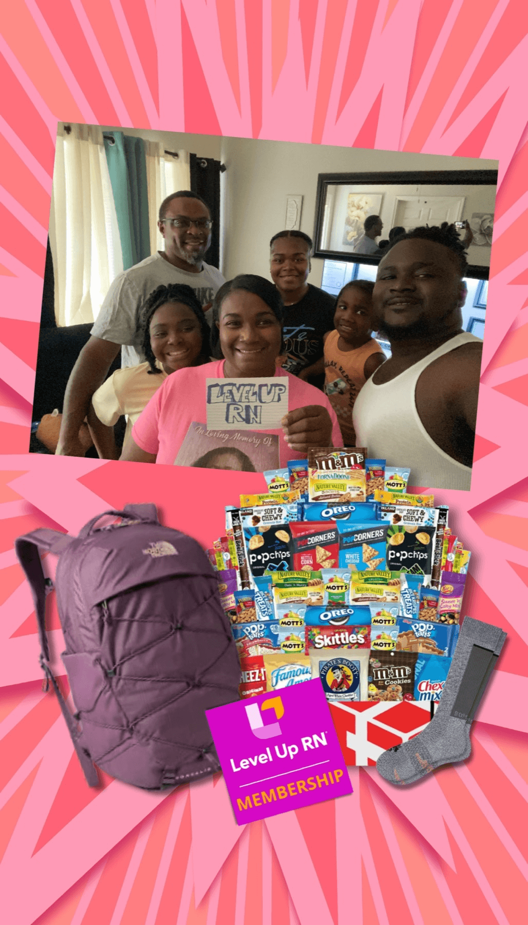 Day 4 winner Candace Gilliam with her family - Pharm Challenge Day 4 prizes are superimposed and include a backpack, LRN MEM, socks, and snacks