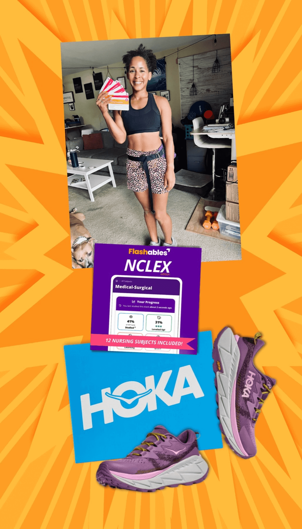 Winner of Day 5 prize, JoJo McGarrity wearing leopard shorts and other running gear, smiling and holding up the Day 5 Challenge flashcards. Jojo's dog is lounging in the corner of the photo and superimposed over top is the Day 5 prize - 1 year of Flashables and Hokas