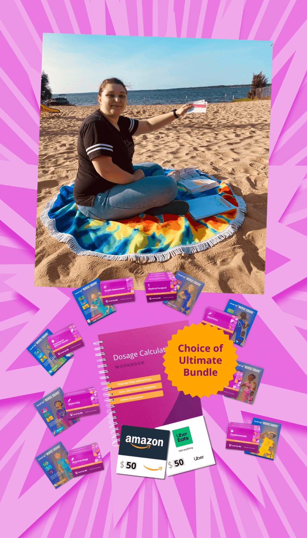 Winner of Day 6 is holding up flashcards on the beach on a rainbow rug with their prize superimposed - Dosage Calc, Gift Cards, and Choice of Ultimate Bundle