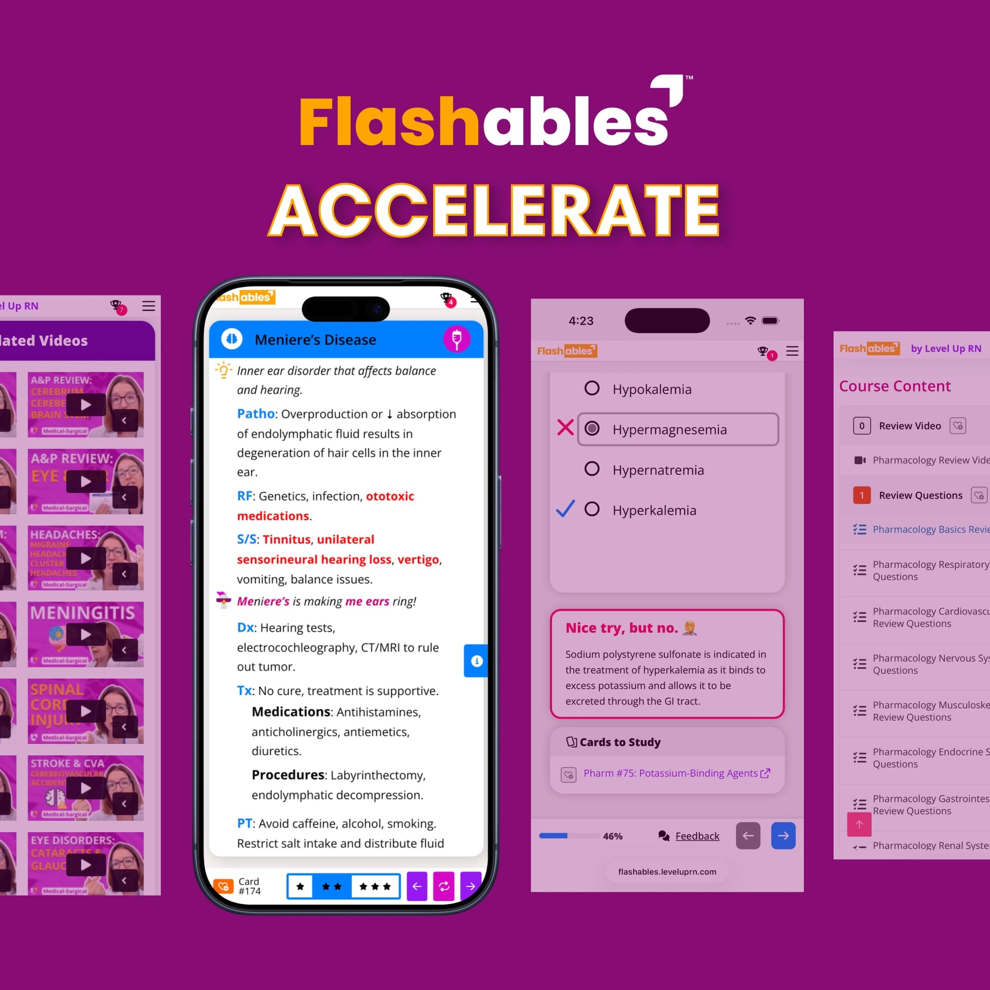 Promotional graphic for Flashables Accelerate, showing a smartphone mockup with a medical study guide app interface on a purple background. The graphic includes text reading 'Flashables ACCELERATE' and additional preview panels for course content and video reviews.