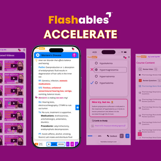 Promotional graphic for Flashables Accelerate, showing a smartphone mockup with a medical study guide app interface on a purple background. The graphic includes text reading 'Flashables ACCELERATE' and additional preview panels for course content and video reviews.
