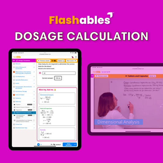 Promotional graphic for a Flashables digital lesson on dosage calculation, showing two tablet screens with math and dimensional analysis content on a bright pink background.