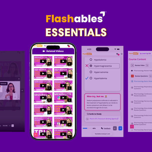 Promotional graphic for Flashables Essentials showing three smartphone mockups on a purple background: a left screen with medication-related video thumbnails, a center screen with study questions and notes, and a right screen with course content. Large 'Flashables ESSENTIALS' text appears at the top.