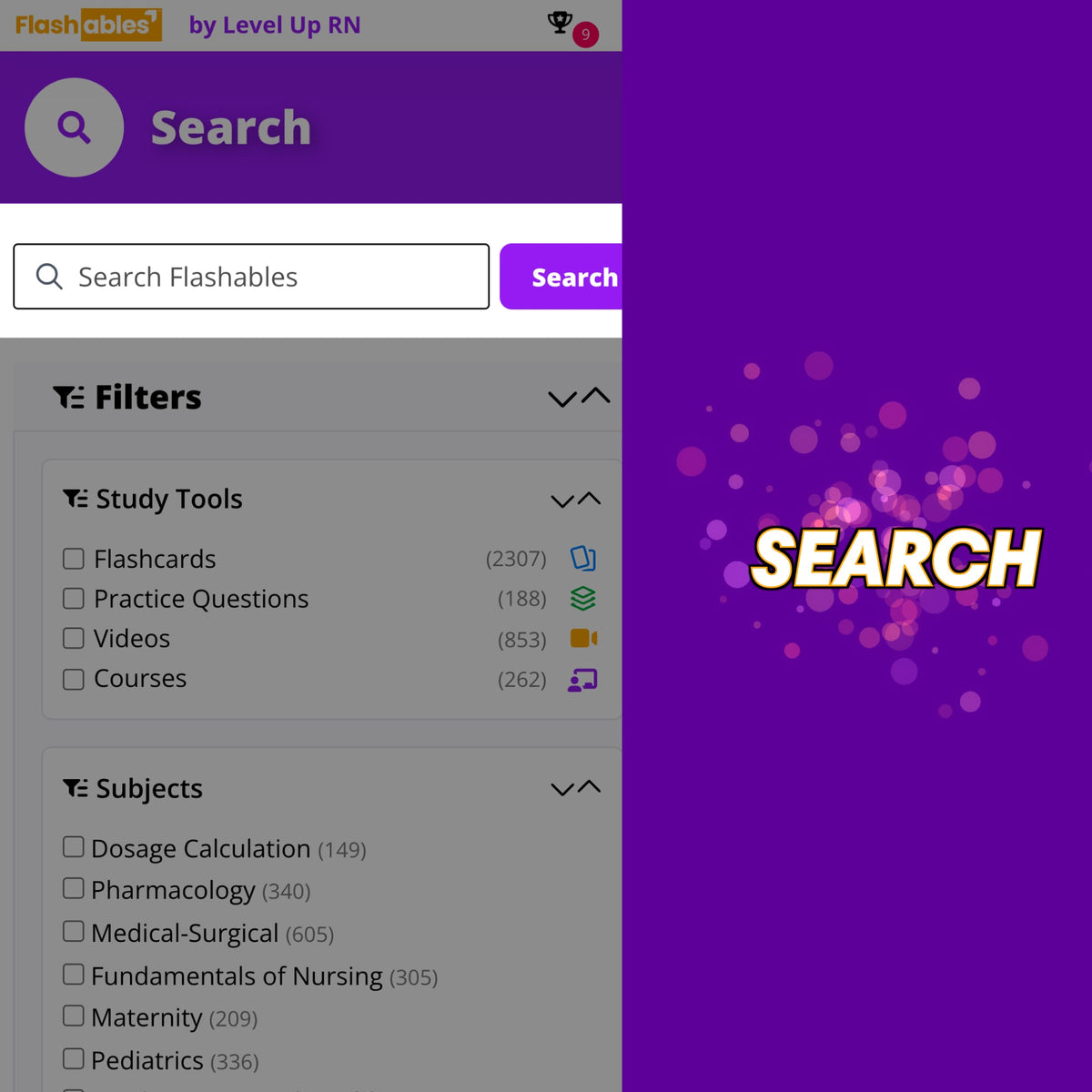 Flashables digital nursing membership search interface with study tool and subject filters on a purple background.