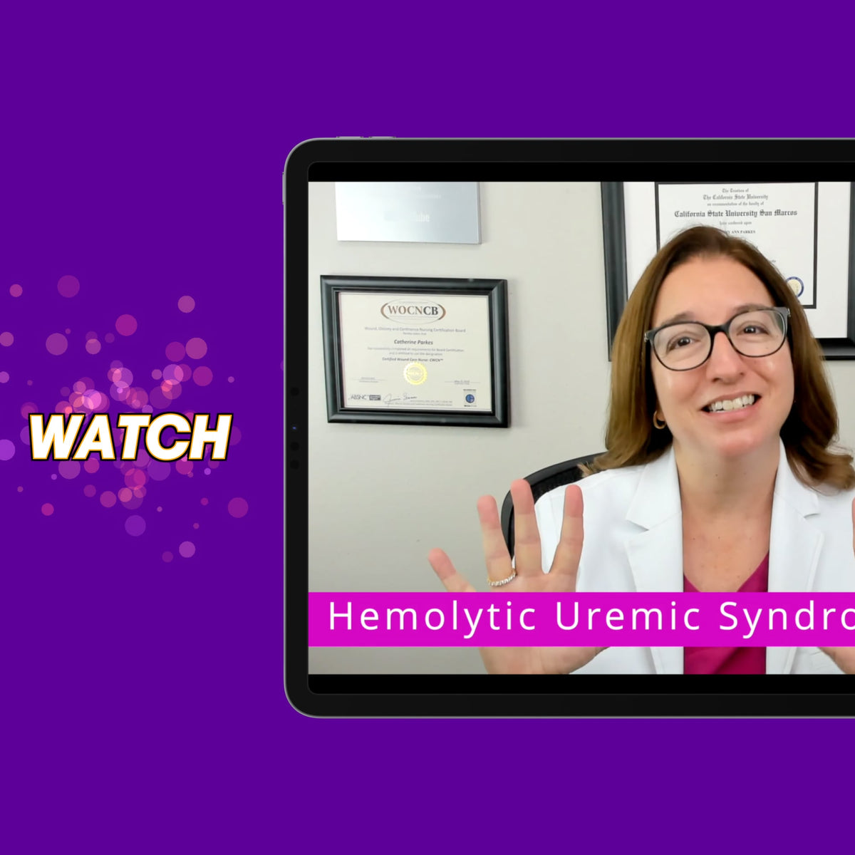 Tablet displaying a nursing instructor teaching Hemolytic Uremic Syndrome against a vibrant purple background.
