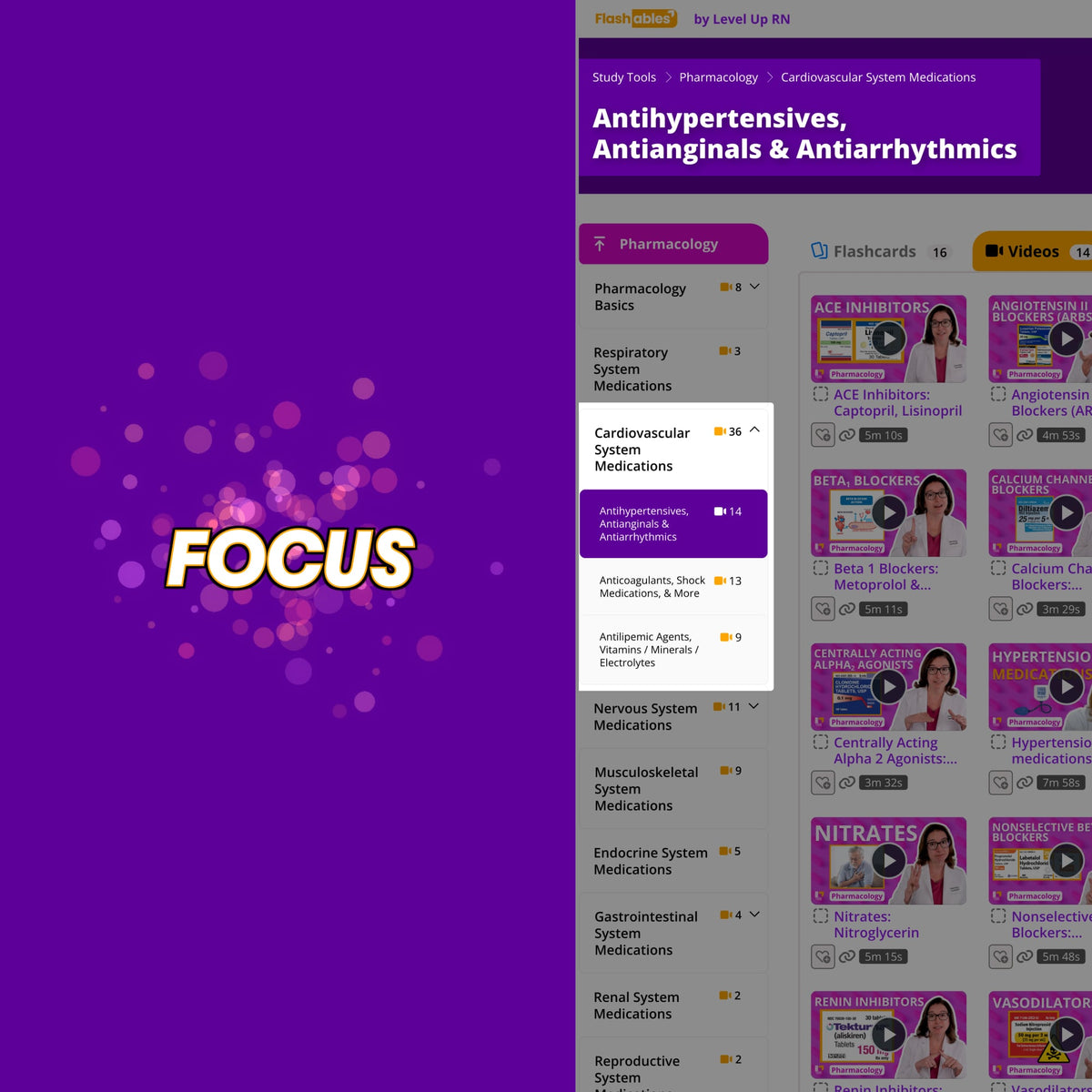 Flashables digital dashboard showing pharmacology study modules, video lessons, and cardiovascular medication flashcards.