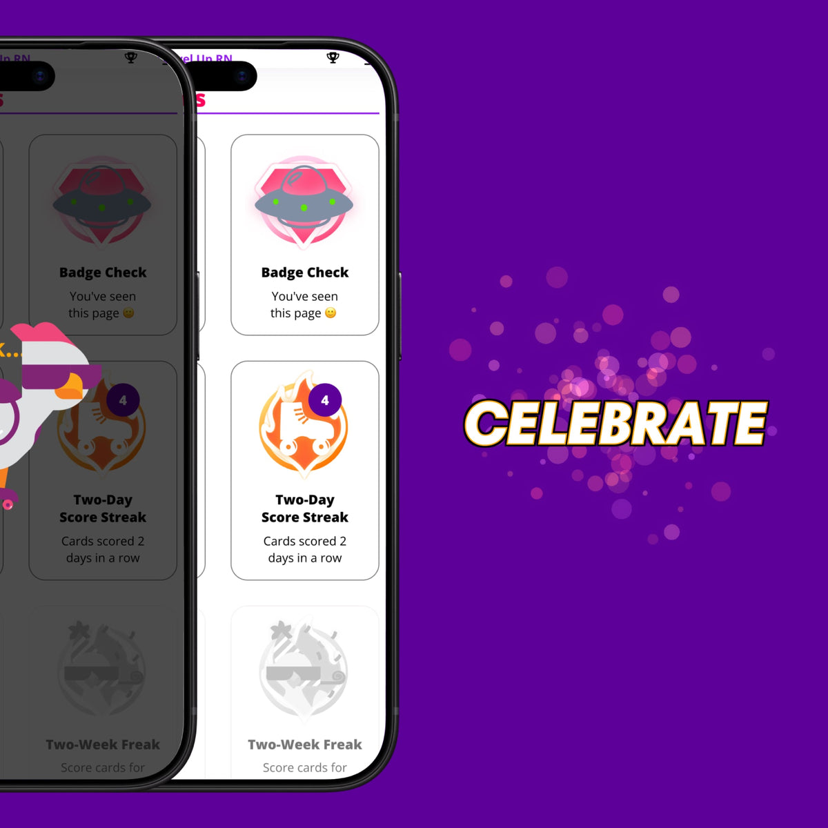 Mobile app interface showing nursing study badges and streaks on a purple background with the word CELEBRATE.