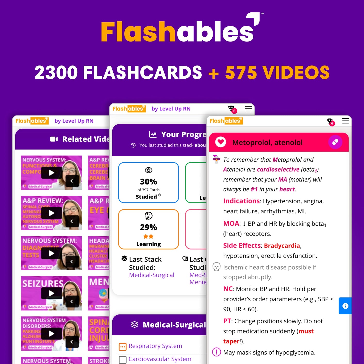 Flashables - 2300 FLASHCARDS + 575 VIDEOS: 3 screens, from left to right: Related videos, Your progress, metoprolol, atenolol flashcard