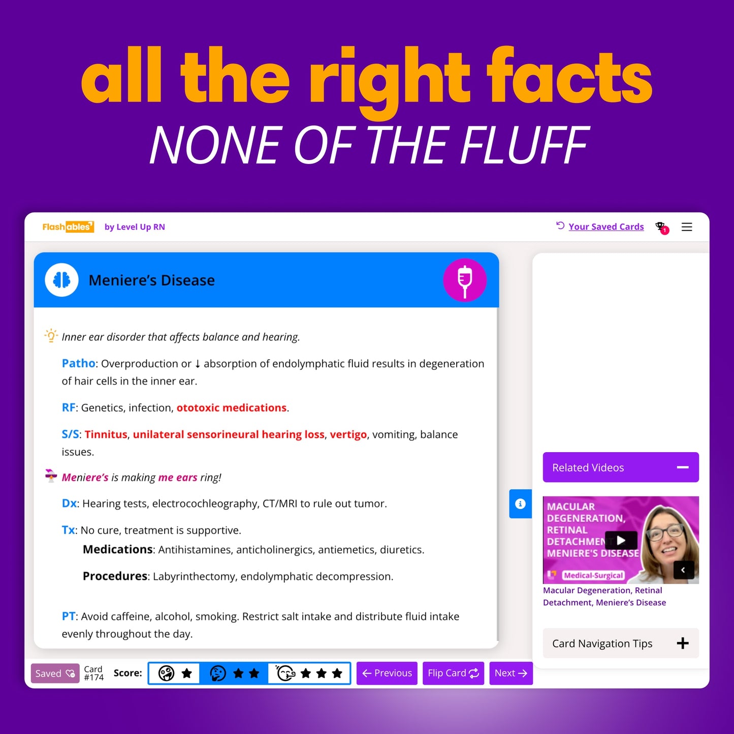 all the right facts, NONE OF THE FLUFF. Flashcard on Meniere's Disease with accompanying videos