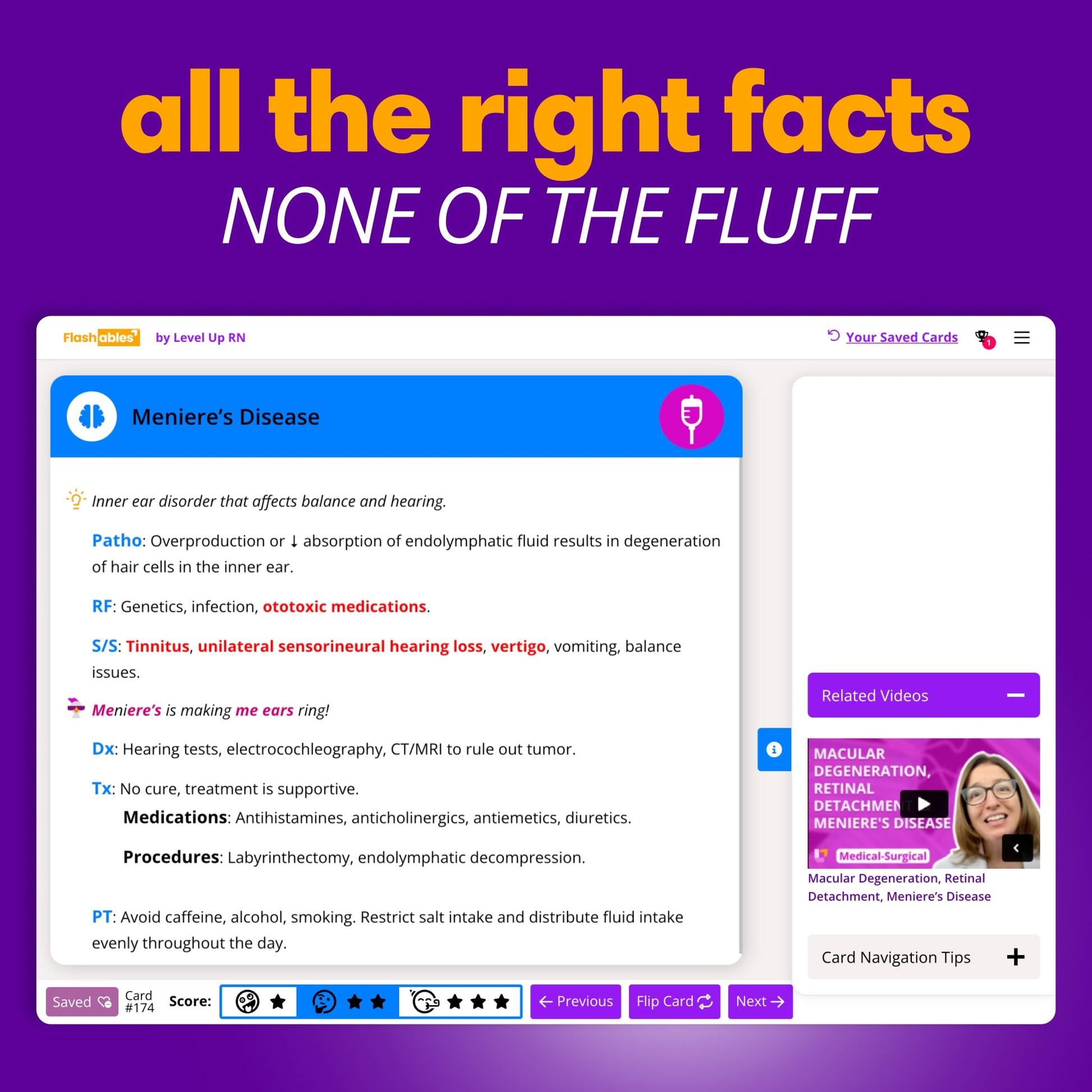 all the right facts, NONE OF THE FLUFF. Flashcard on Meniere's Disease with accompanying videos